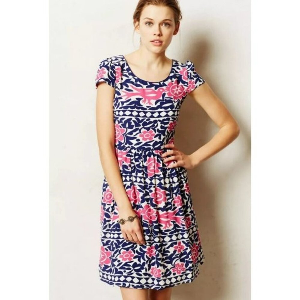 ANTHROPOLOGIE MAEVE womens CAP SLEEVE floral PINK dress MINI navy BIRD size 4P